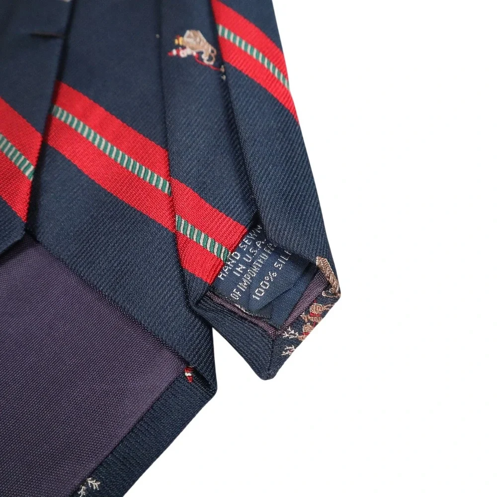 Lands End Silk Repp Tie Navy Santa Sleigh Reindeer Christmas Stripe‎ USA Made